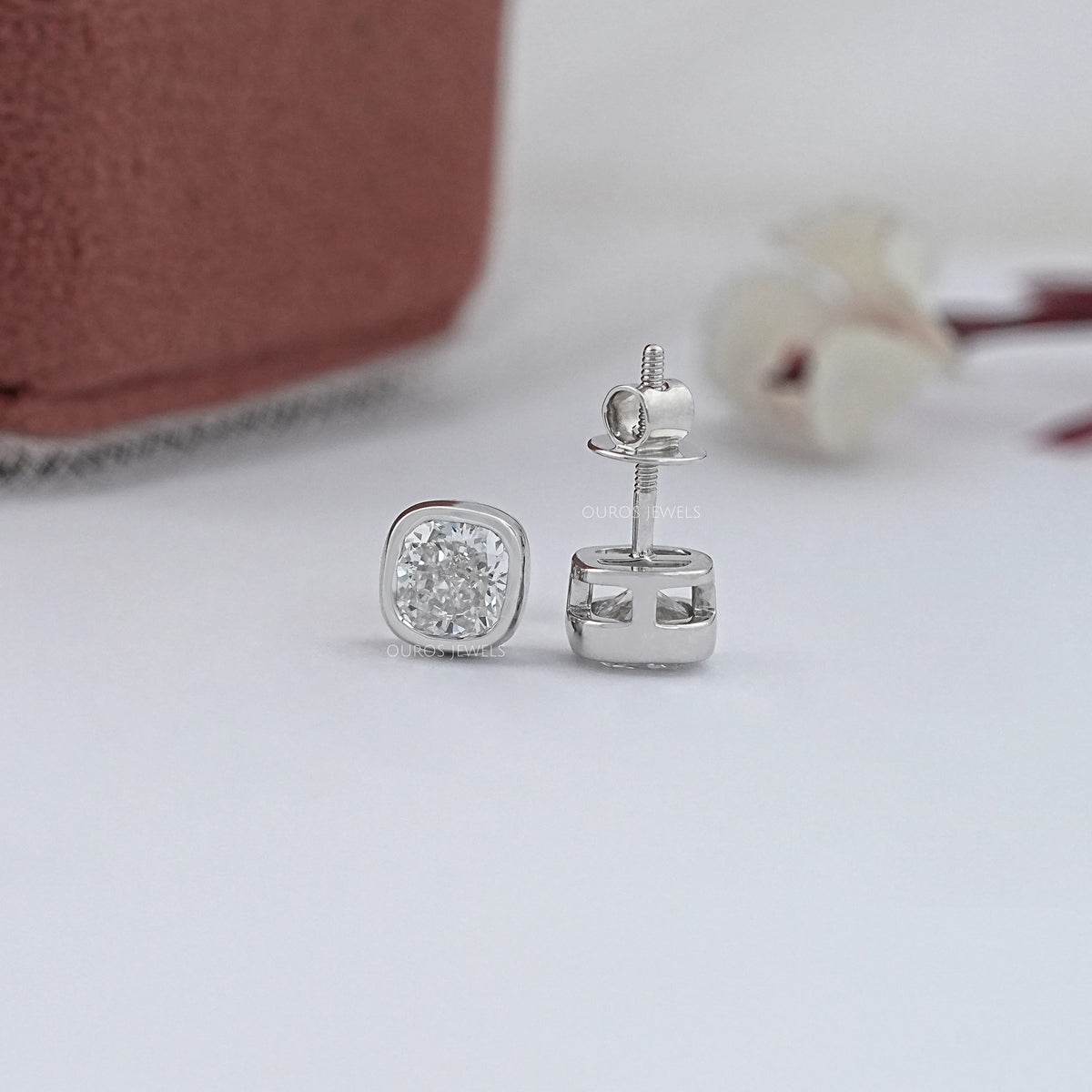 Square Cushion Lab Diamond Bezel Stud Earrings
