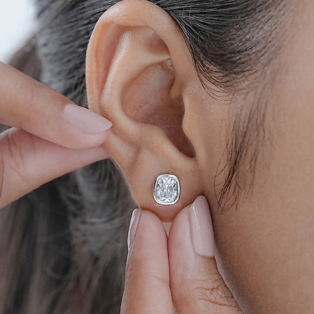 Old Mine Cushion Diamond Bezel Set Stud Earrings Earrings