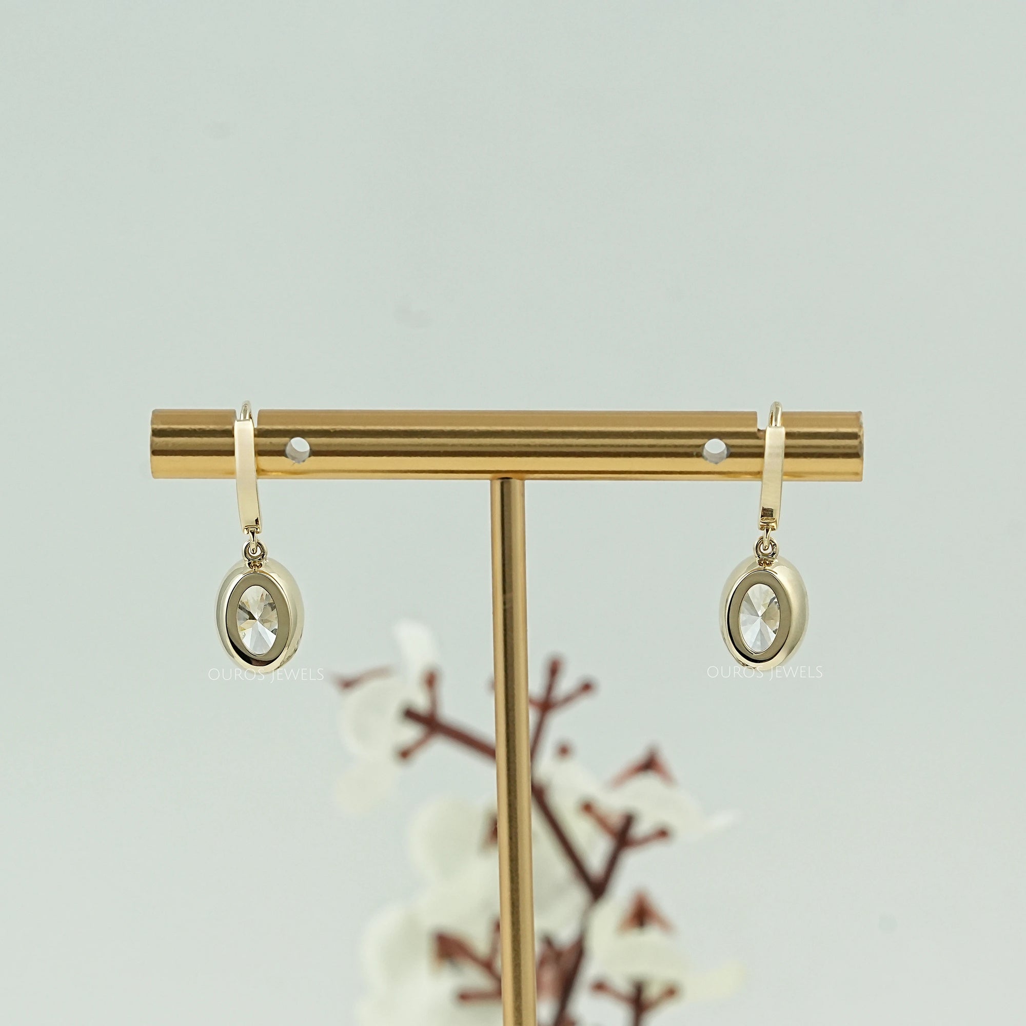 Oval Diamond Bezel Set Drop Hoop Earrings Earrings