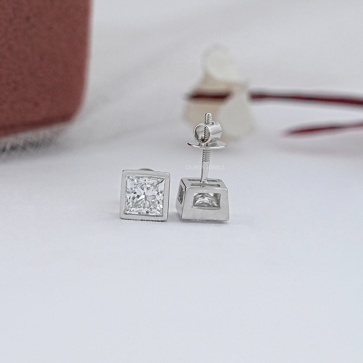 Princess Lab Diamond Bezel Stud Earrings