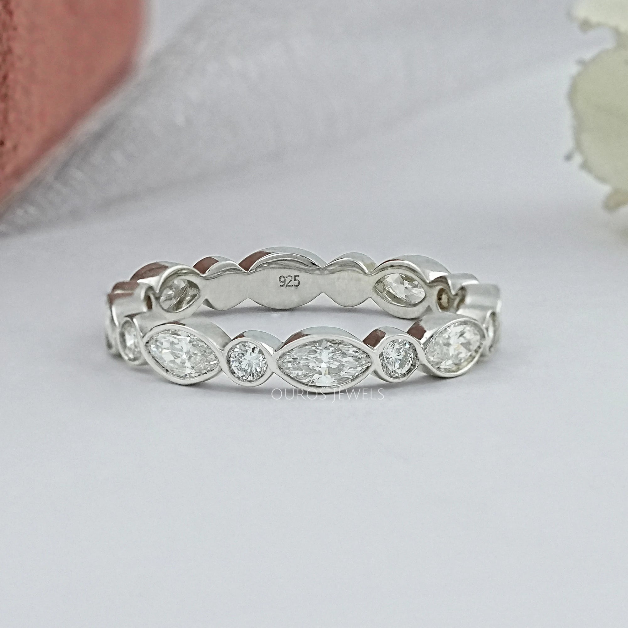 Marquise And Round Diamond Bezel Wedding Band Ring