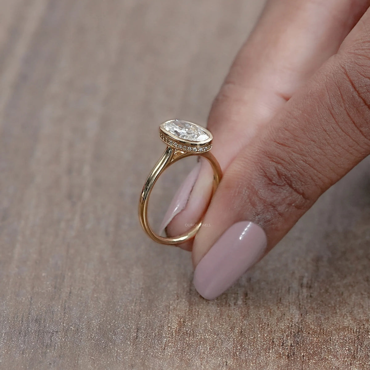 Oval Lab Diamond Hidden Halo Bezel Engagement Ring Rings