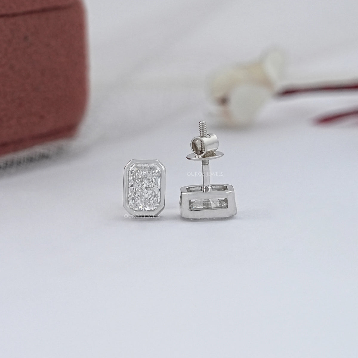 Bezel Radiant Lab Diamond Stud Earrings