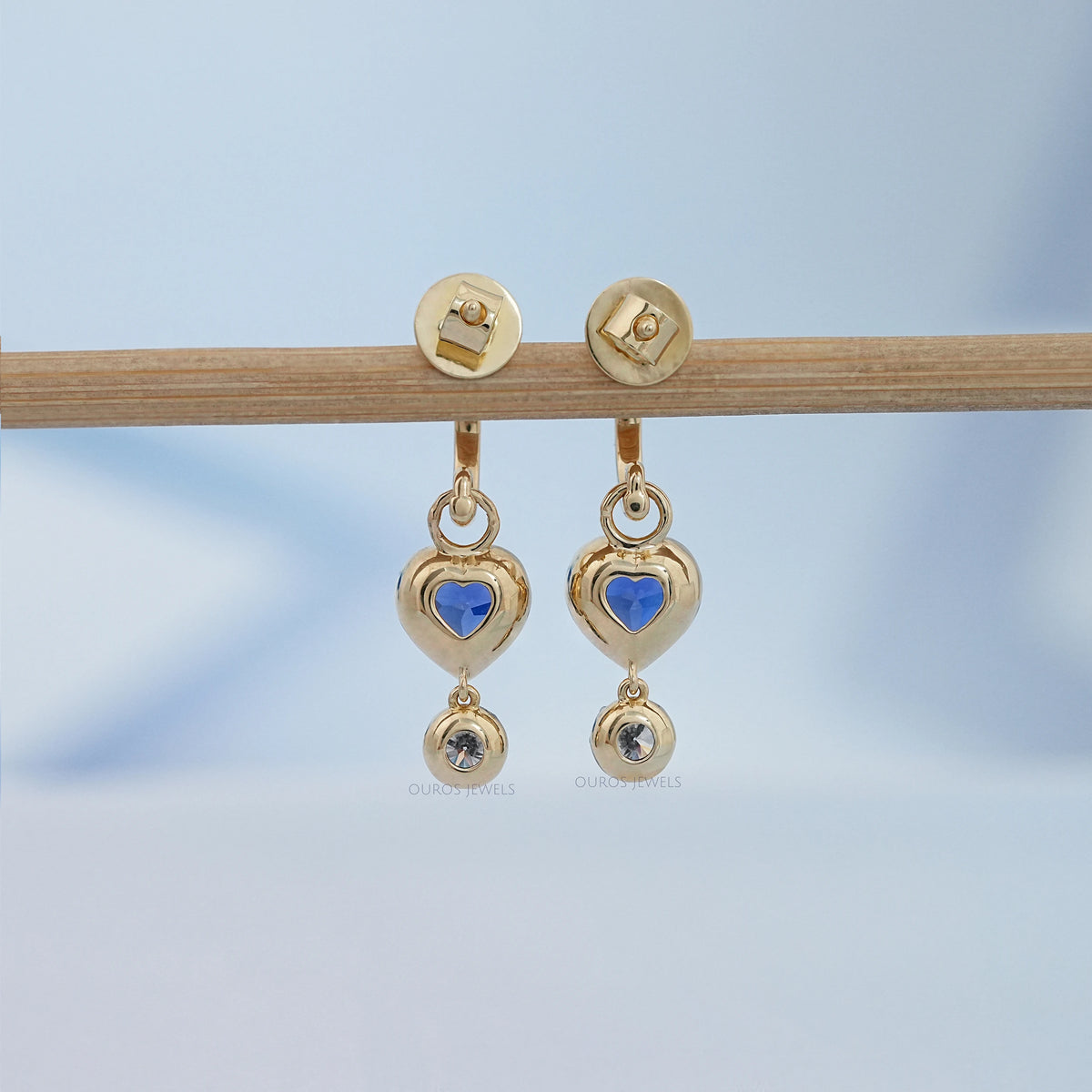 Sapphire Heart And Round Cut Black Coating Huggie Drop Earrings