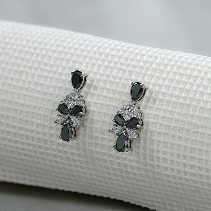 Boucles d'oreilles pendantes en forme de grappe de diamants noirs taille poire