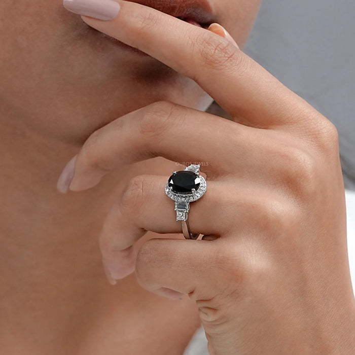 Black Oval Cut Halo With Accent Diamond Ring