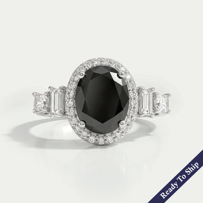Black Oval Diamond Accent With Halo Engagement Ring Rings
