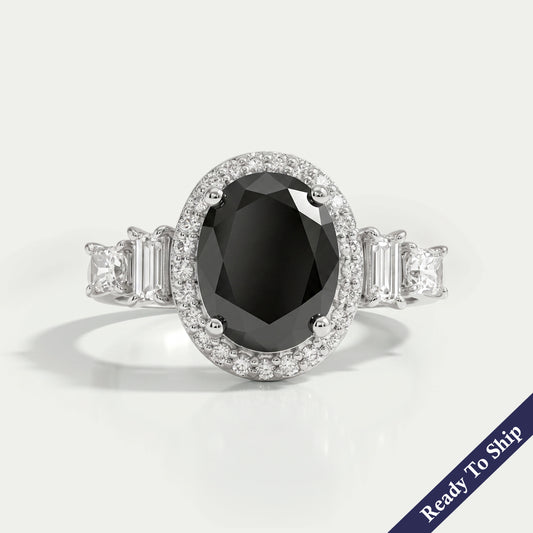 Black Oval Diamond Accent With Halo Engagement Ring Rings