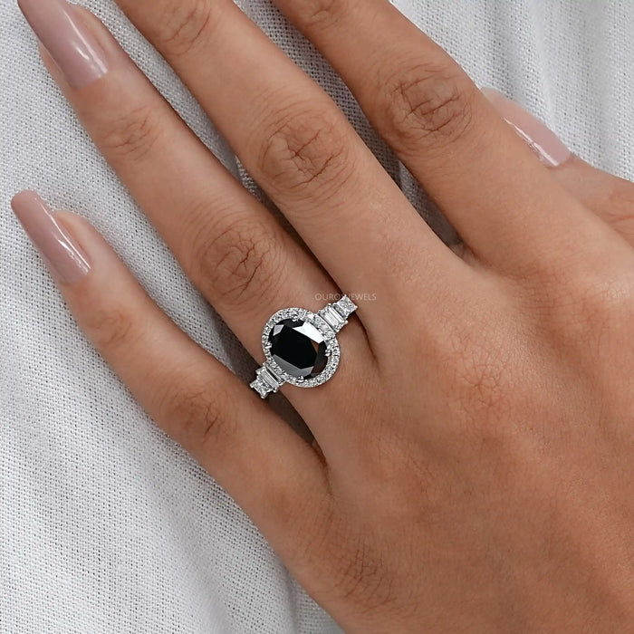 Black Oval Cut Halo With Accent Diamond Ring