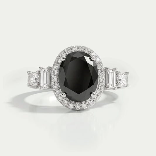 Black Oval Cut Halo With Accent Diamond Ring Rings