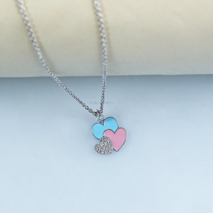 Colorful Triple Heart Tiny Round Diamond Pendant For Kids