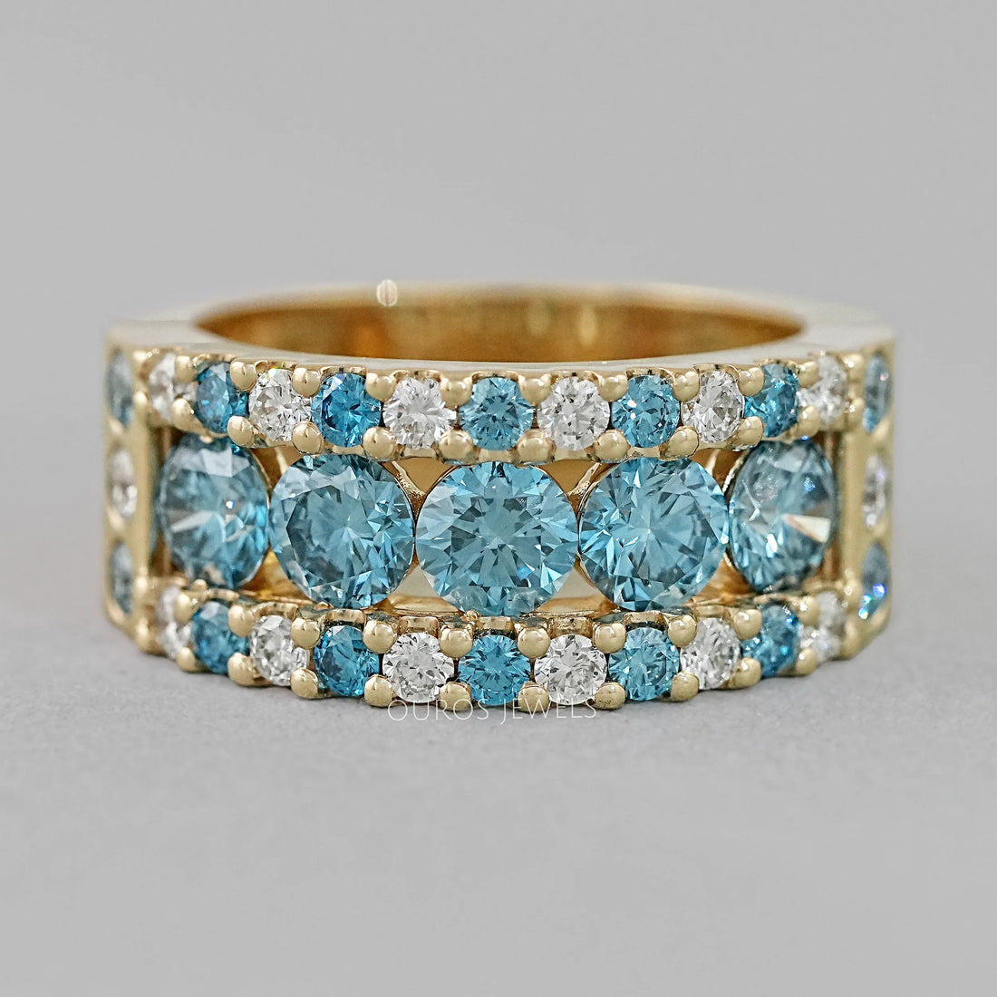 Blue And White Round Cut Lab Diamond Wide Band Rings