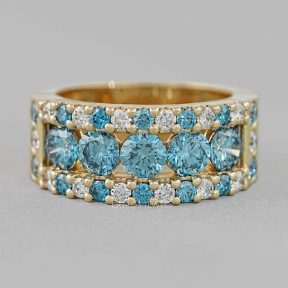 Blue And White Round Cut Lab Diamond Wide Band Rings