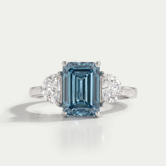 Blue Emerald Three Stone With Half Moon Cut Ring Ring