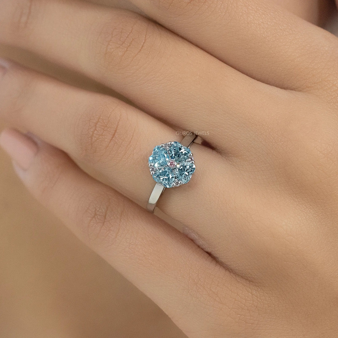 Blue Heart Cut Lab Diamond Flower Ring Ring