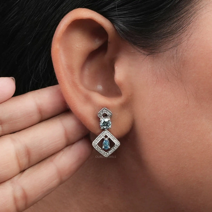 Blue Round With Pear Diamond Drop Earrings