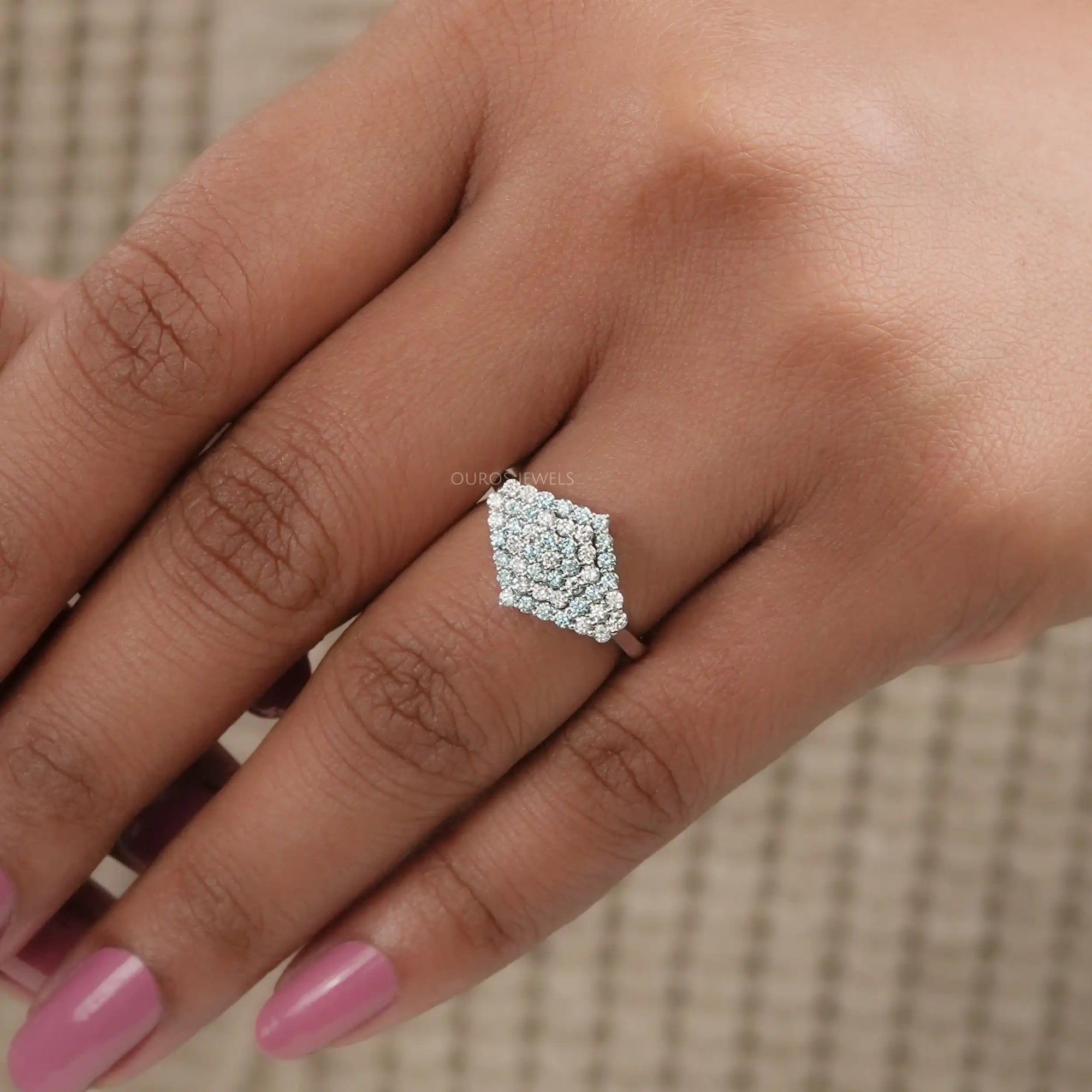 Fancy Blue Round Cut Cluster Lab Diamond Engagement Ring Rings