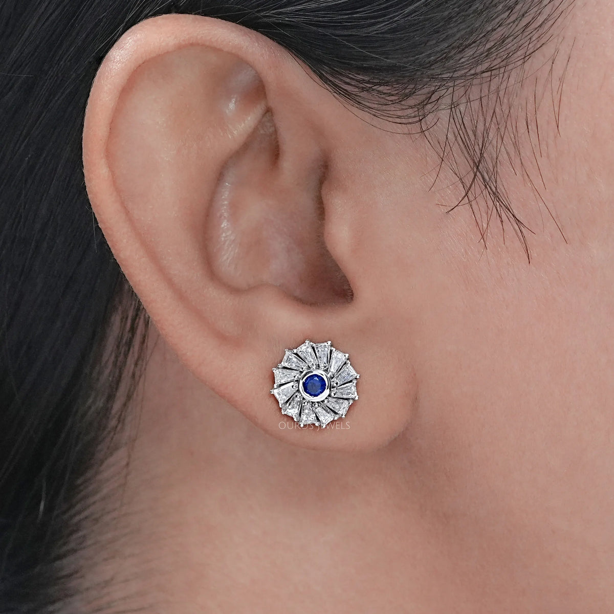 Tapered Baguette Blue Gemstone Stud Earring Earrings