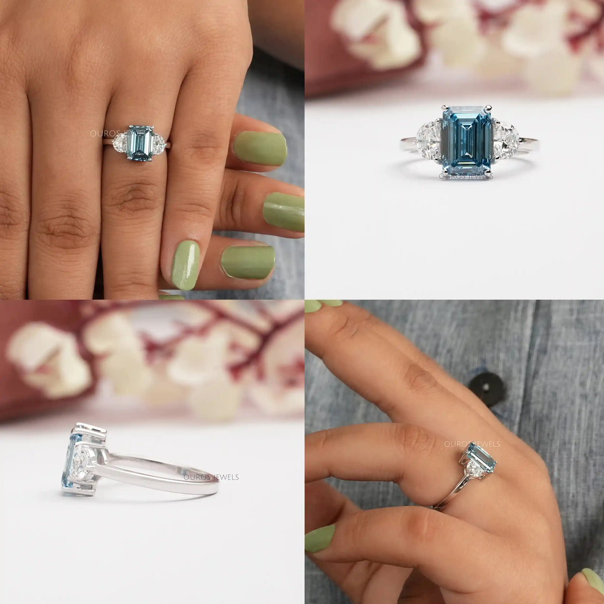 Blue Emerald Three Stone With Half Moon Cut Ring Ring