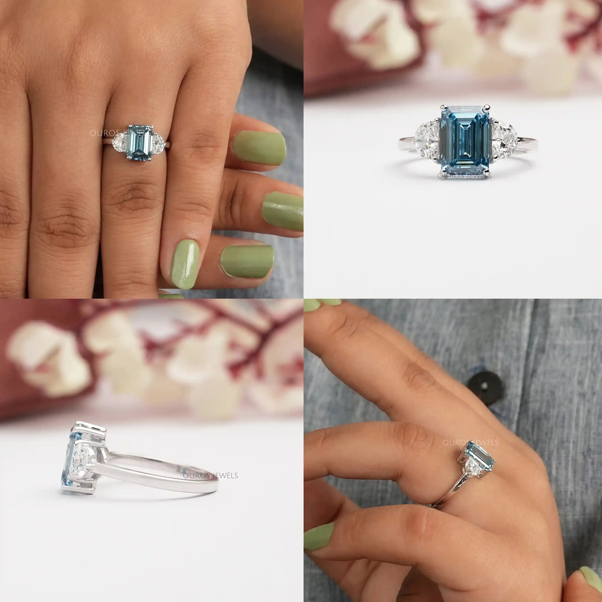 Blue Emerald Three Stone With Half Moon Cut Ring Ring