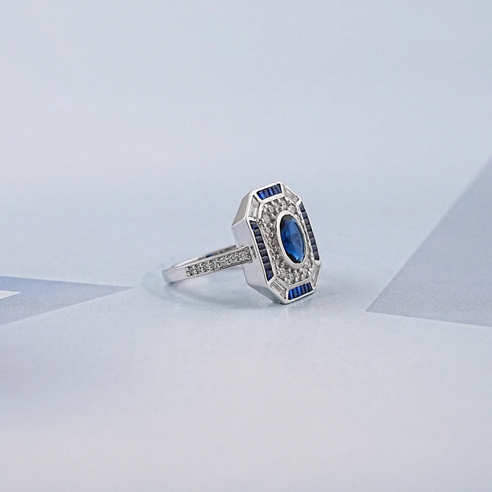 Blue Oval And Baguette Cut GemStone Engagement Ring