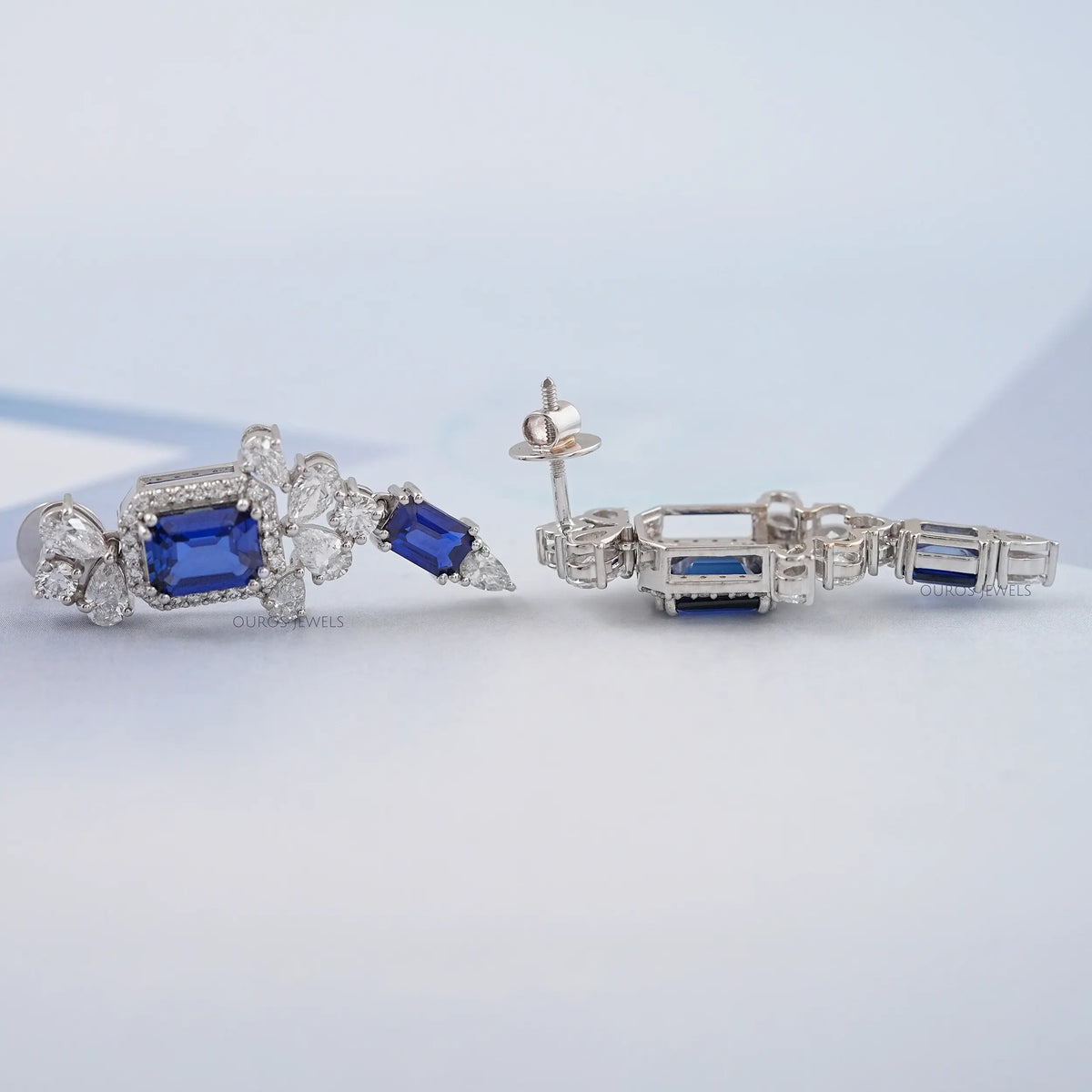 Sapphire Emerald Gemstone And Lab Diamond Drop Earrings