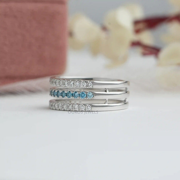 [Side View of Blue Round Diamond Wedding Band]-[Ouros Jewels]