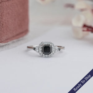 Asscher Cut Black Diamond Halo Ring