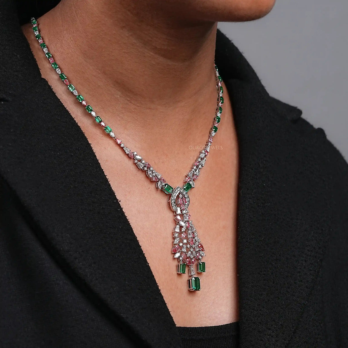 Green Emerald & Pink Pear Diamond Wedding Necklace