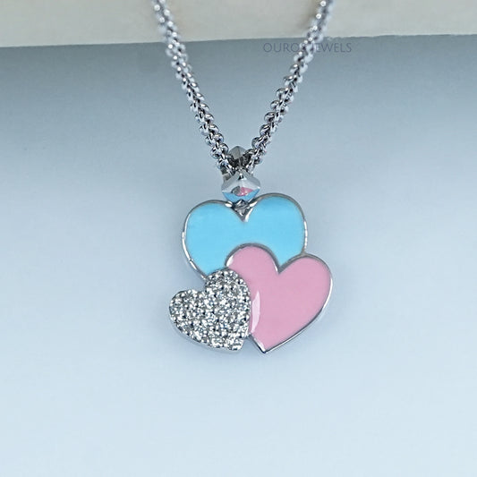 Colorful Triple Heart Tiny Round Diamond Pendant For Kids