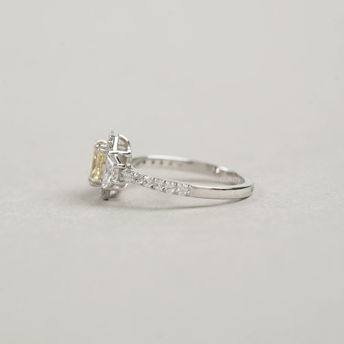 Yellow Radiant Cut Halo Three Stone Engagement Ring