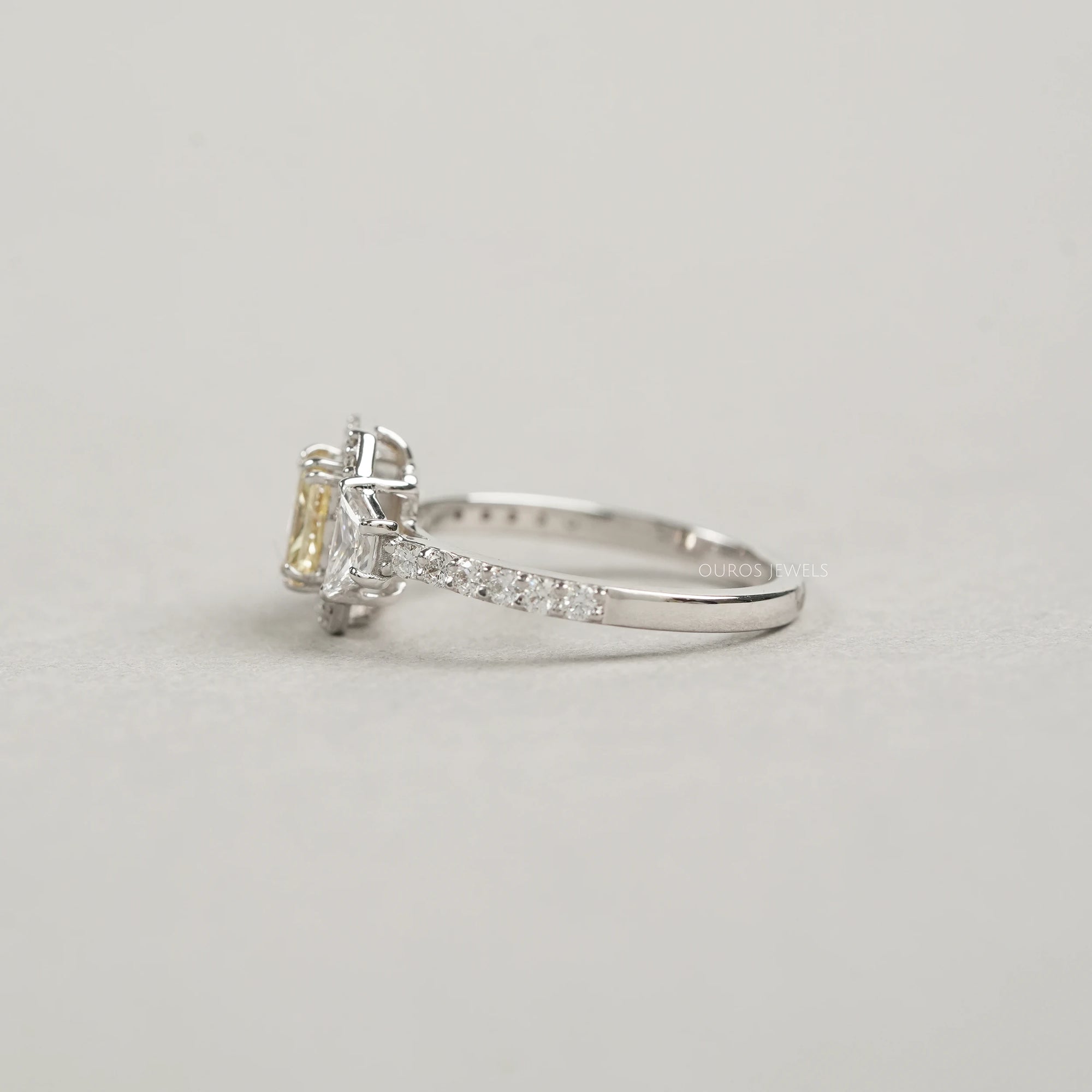 Yellow Radiant Cut Halo Three Stone Engagement Ring