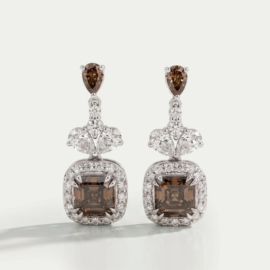 Champagne Asscher Cut Halo Dangle Earrings Earrings