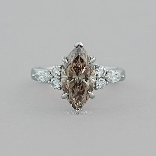 front view of champagne marquise-cut lab diamond solitaire accent wedding ring