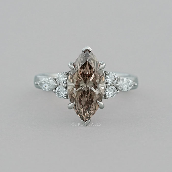 front view of champagne marquise-cut lab diamond solitaire accent wedding ring