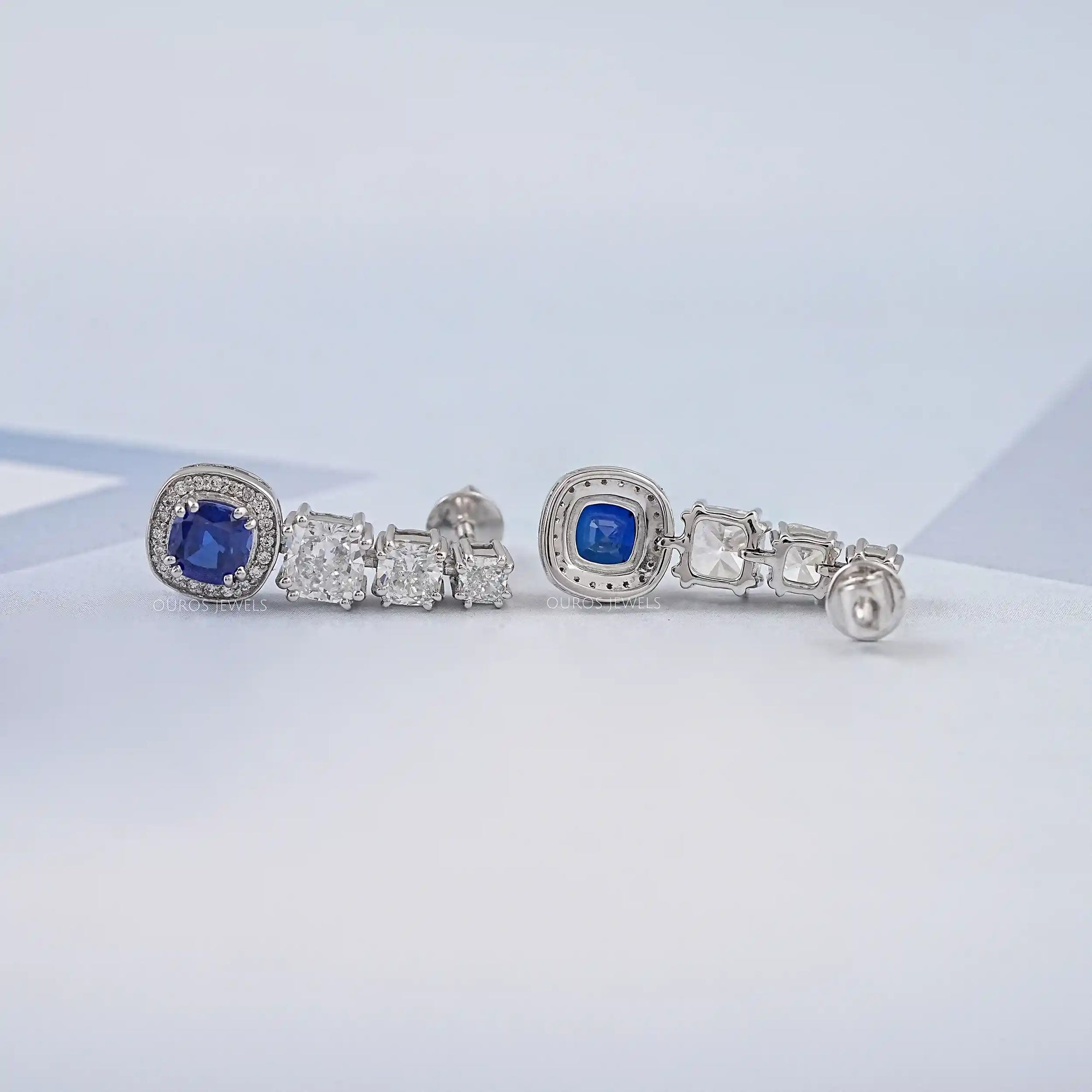 Sapphire Cushion Gemstone And Lab Diamond Dangle Earrings