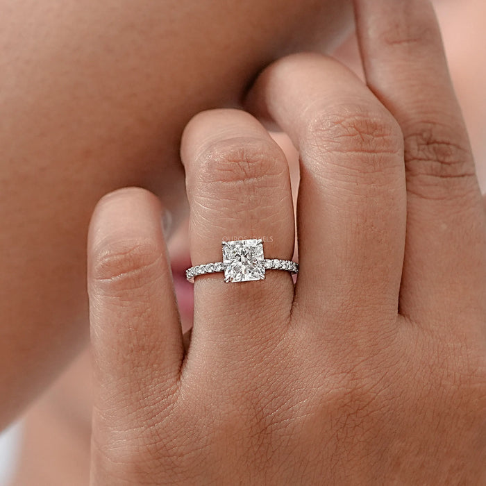 square radiant-cut lab diamond solitaire accent wedding ring on model's finger