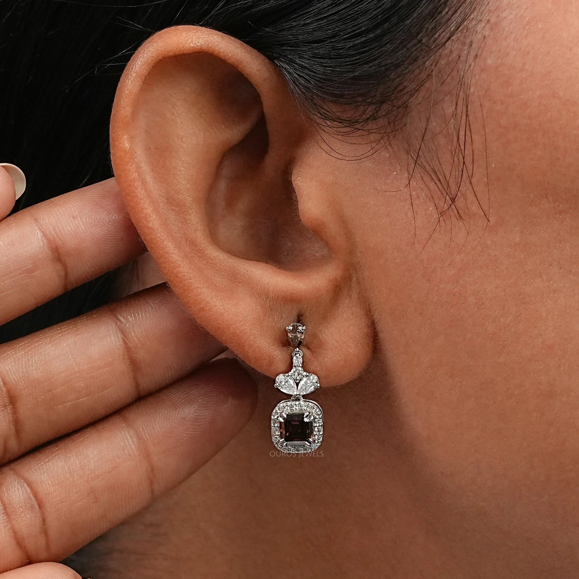 Champagne Asscher Cut Halo Dangle Earrings Earrings