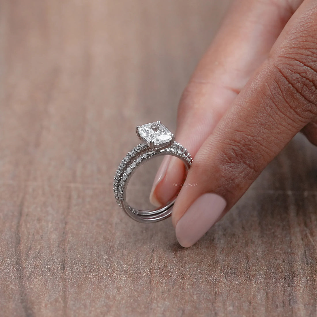 Elongated Cushion Cut Solitaire Accent Bridal Ring Set Rings