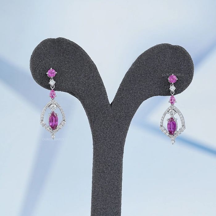 Pink Sapphire Marquise Cut Cluster Diamond Dangle Earrings