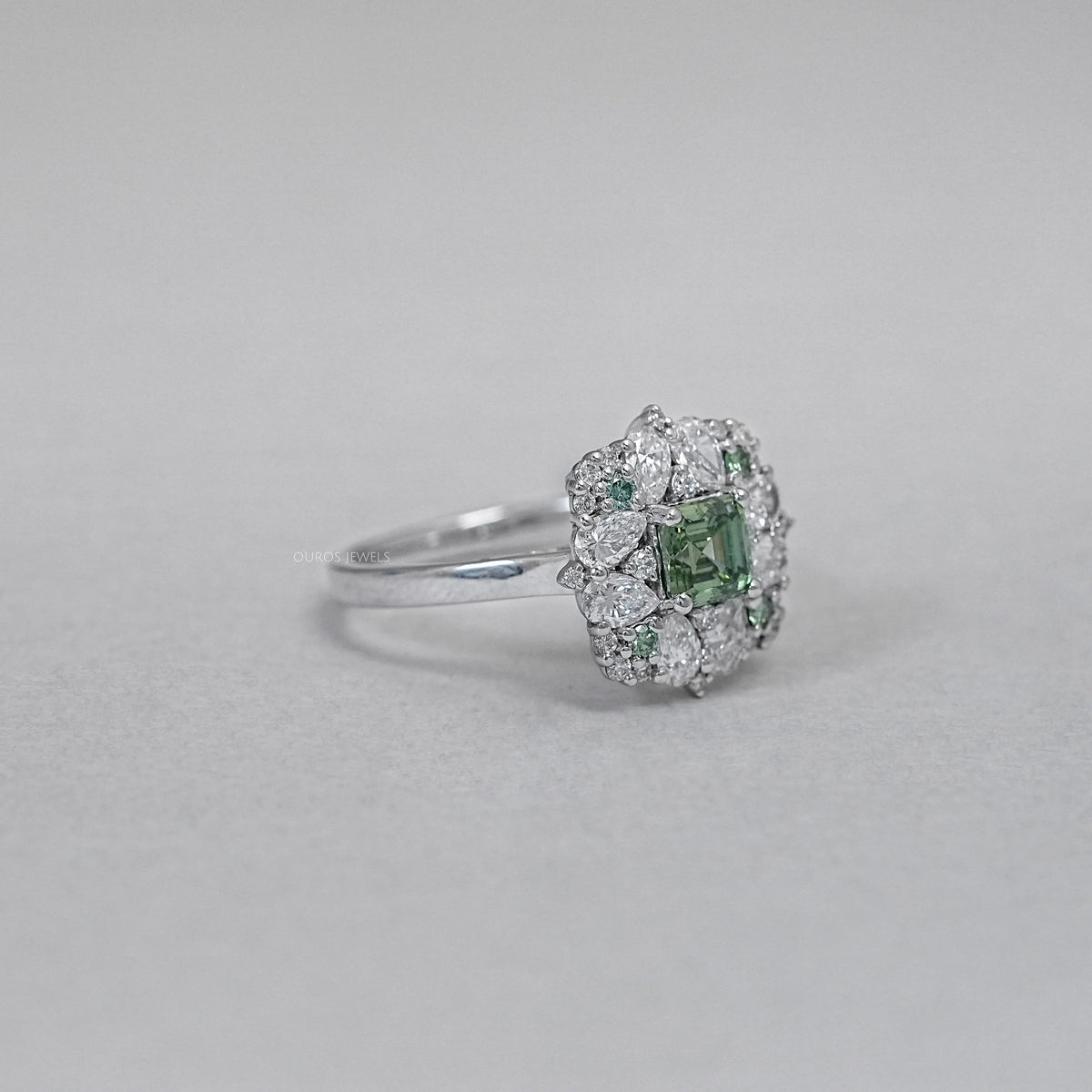 Asscher Cut Green Lab Diamond Cluster Engagement Ring Ring