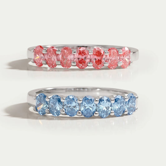 Pink and Blue Oval Seven Diamond Wedding Bands Ring