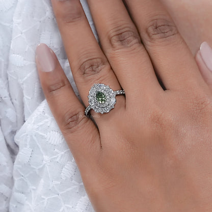 Green Pear Cut Surround Double Halo Diamond Engagement Ring Rings