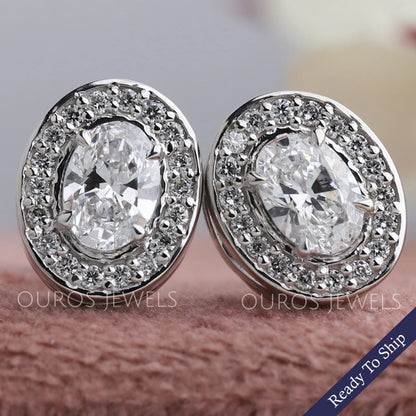 Oval Cut Halo Diamond Stud Earrings