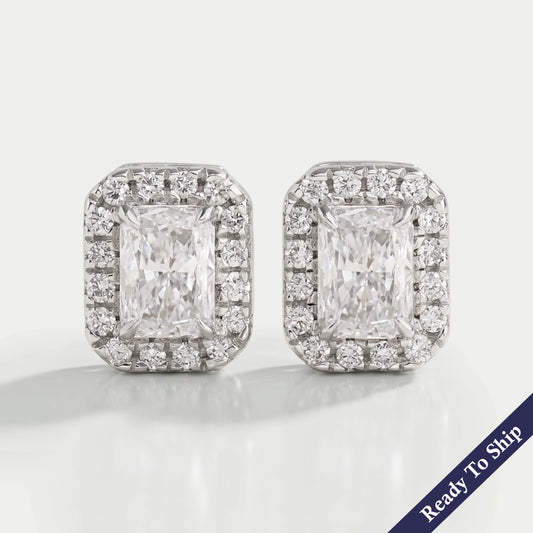 Radiant Cut Halo Diamond Stud Earrings