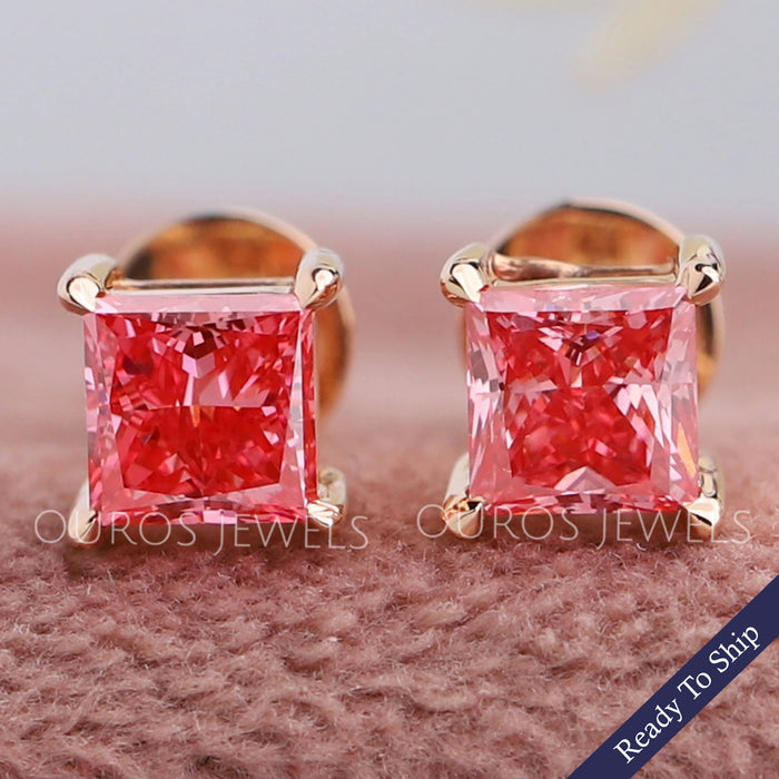 Pink  Princess Cut Solitaire Stud Earrings