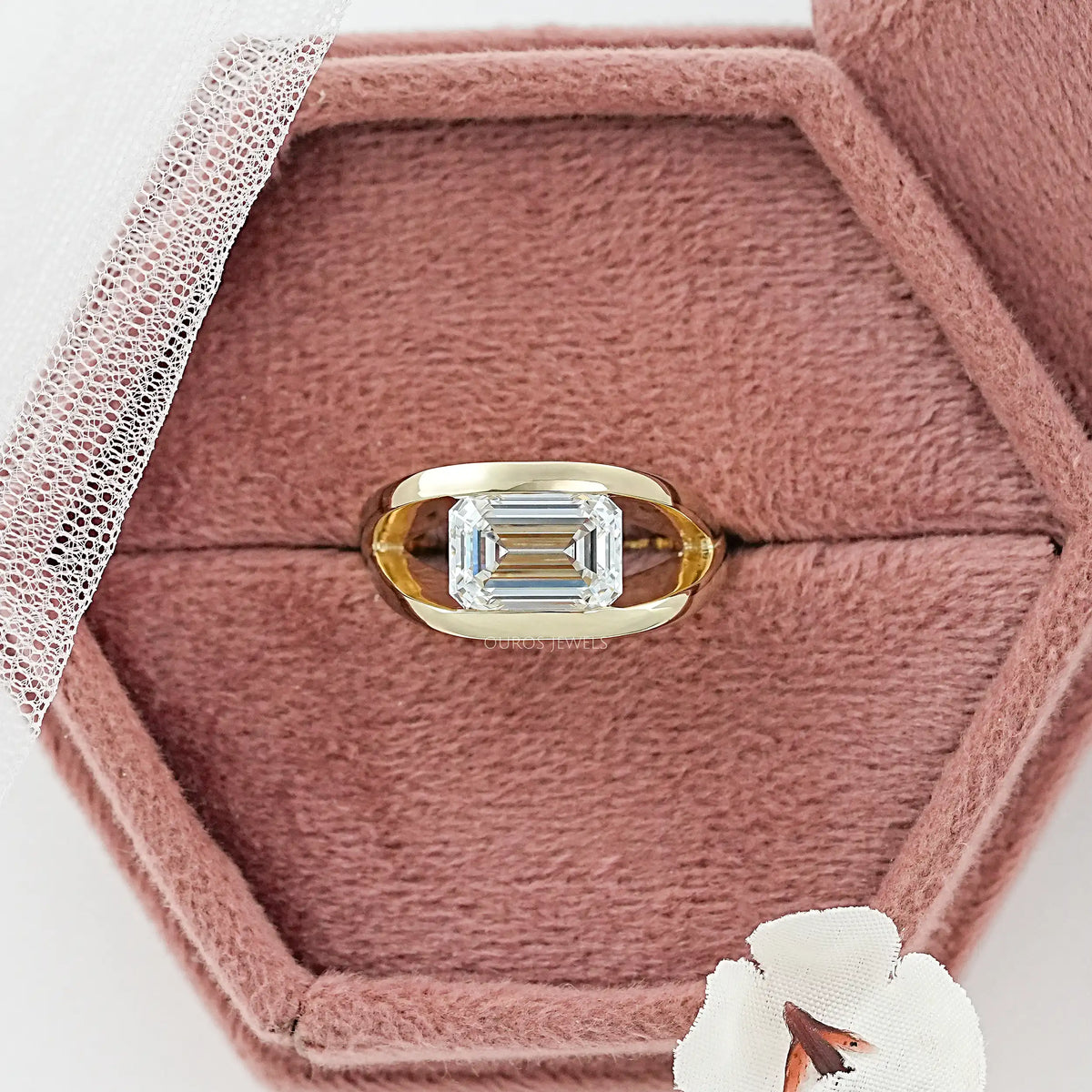 East West Emerald Diamond Cross Spilt Shank Ring Rings