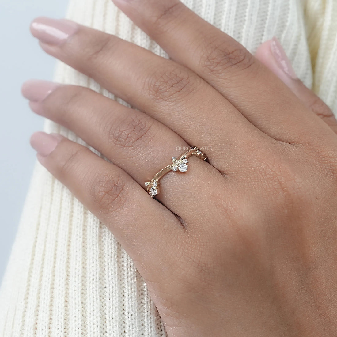 Crown Style Round Cut Lab Diamond Chevron Band Rings