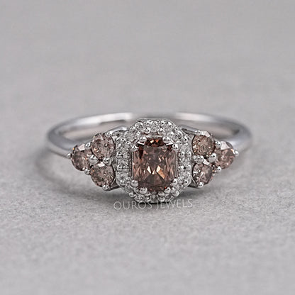 Fancy Cushion Cut Halo Champagne Diamond Ring Rings