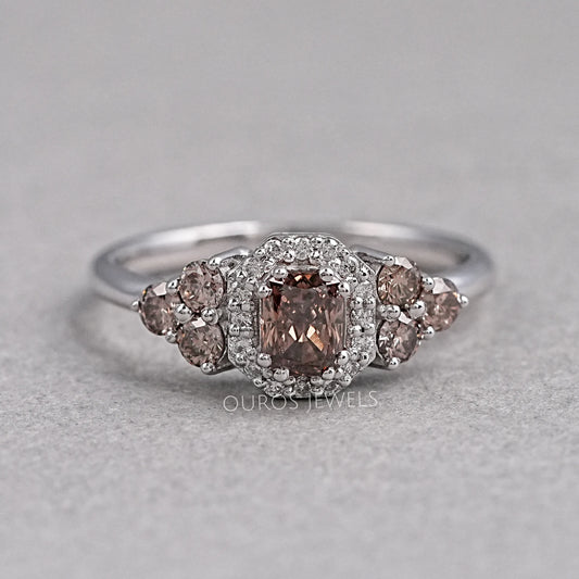 Fancy Cushion Cut Halo Champagne Diamond Ring Rings